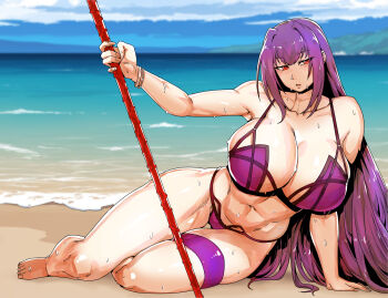  1girl bare_shoulders barefoot beach bikini blue_sky bracelet breasts cleavage commentary_request fate/grand_order fate_(series) gae_bolg_(fate) hair_between_eyes highres jewelry large_breasts long_hair looking_at_viewer minew navel polearm purple_bikini purple_hair red_eyes scathach_(fate) scathach_(fate/grand_order) scathach_(swimsuit_assassin)_(fate) shore sky solo spear swimsuit thigh_strap weapon wet 