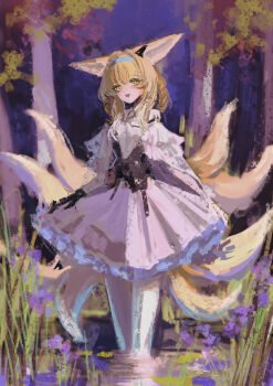  1girl absurdres aged_up animal_ears arknights blonde_hair blue_hairband commentary dress earpiece fox_ears fox_girl fox_tail hairband highres kitsune kyuubi material_growth multiple_tails open_mouth oripathy_lesion_(arknights) shino_duka solo suzuran_(arknights) tail 