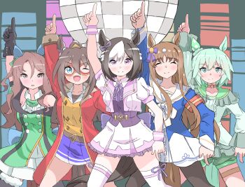 5girls ;d ^_^ animal_ears arm_up armband black_gloves black_hair blue_eyes blue_shirt blush bow breasts brown_hair brown_pantyhose center_frills closed_eyes closed_mouth collarbone collared_shirt commentary_request cropped_jacket disco_ball dress el_condor_pasa_(el_numero_1)_(umamusume) el_condor_pasa_(umamusume) eye_mask frills gloves golden_generation_(umamusume) grass_wonder_(stone-piercing_blue)_(umamusume) grass_wonder_(umamusume) green_bow green_dress green_eyes green_hair green_shorts grey_jacket hair_between_eyes hair_bow highres horse_ears horse_girl horse_tail index_finger_raised jacket king_halo_(king_of_emeralds)_(umamusume) king_halo_(umamusume) long_hair long_sleeves mask medium_breasts multicolored_hair multiple_girls neck_ribbon norippe_(user_zgsf8872) off-shoulder_dress off_shoulder one_eye_closed one_side_up open_clothes open_jacket open_mouth pantyhose parted_bangs pleated_skirt puffy_short_sleeves puffy_shorts puffy_sleeves purple_ribbon purple_skirt purple_vest red_jacket ribbon sailor_collar saturday_night_fever seiun_sky_(reeling_in_the_big_one)_(umamusume) seiun_sky_(umamusume) shirt short_sleeves shorts skirt smile special_week_(special_dreamer)_(umamusume) special_week_(umamusume) tail thighhighs two-tone_hair umamusume very_long_hair vest white_hair white_jacket white_sailor_collar white_shirt white_skirt white_thighhighs wrist_cuffs yellow_shirt 