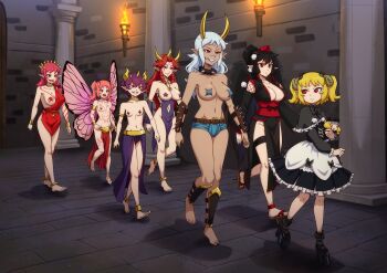  6+girls absurdres agares_(someinternetloser) anklet antennae areola_slip astaroth_(someinternetloser) bael_(someinternetloser) barefoot belial_(someinternetloser) black_hair blonde_hair body_markings boots bracelet breasts butterfly_wings cleavage collar commission commissioner_upload crow_wings dantalion_(someinternetloser) dark-skinned_female dark_skin demon_girl demon_horns doll fang flat_chest full_body functionally_nude geta goat_eyes gothic_lolita gremory_(someinternetloser) grin hat highres horns huge_filesize insect_wings jewelry large_breasts loincloth loli lolita_fashion long_hair malphas_(someinternetloser) multiple_girls one_breast_out original pasties pelvic_curtain pink_hair pointy_ears pom_pom_(clothes) purple_hair red_eyes red_hair revealing_clothes serious short_hair smile spiked_collar spikes tengu tengu-geta the_dark_mangaka toga tokin_hat twintails walking white_hair wings  rating:Questionable score:55 user:SomeInternetLoser