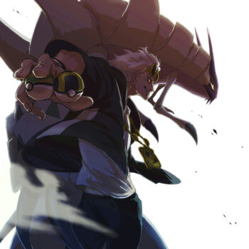  1boy black_jacket black_pants claws commentary_request eyewear_on_head gen_7_pokemon golisopod guzma_(pokemon) highres holding holding_poke_ball jacket jewelry kabe_tora male_focus necklace nest_ball nintendo open_clothes open_jacket pants poke_ball pokemon pokemon_(creature) pokemon_sm shirt short_hair sunglasses team_skull ultra_ball white_background white_hair white_shirt yellow-framed_eyewear 