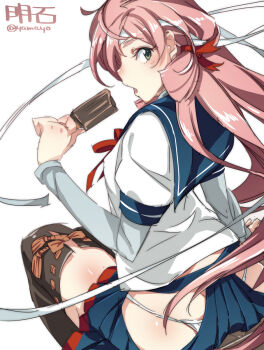  10s 1girl akashi_(kancolle) bandana butt_crack character_name clothing_cutout female_focus food from_behind green_eyes highres hip_vent kantai_collection long_hair looking_at_viewer looking_back panties pantyshot personification pink_hair popsicle school_uniform serafuku side_slit simple_background skirt solo super_zombie thighhighs twitter_username underwear upskirt white_background white_panties  rating:Sensitive score:11 user:danbooru