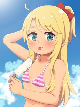  1girl bikini blonde_hair blush cloud flat_chest food green_eyes hair_ribbon highres himesaka_noa long_hair looking_at_viewer popsicle red_ribbon ribbon sky solo swimsuit tanukikouji_midori tongue tongue_out watashi_ni_tenshi_ga_maiorita!  rating:Sensitive score:36 user:FabricioDias
