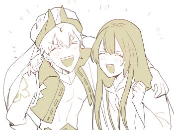  1boy 1other androgynous arm_around_neck arm_tattoo armor bare_shoulders blush circlet clenched_hand closed_eyes clothing_cutout collared_vest commentary_request diamond_cutout earrings enkidu_(fate) fate/grand_order fate_(series) fingernails flower_tattoo gem gilgamesh gilgamesh_(caster)_(fate) gilgamesh_(fate) greyscale hair_between_eyes hand_up happy highres hooded_robe hoop_earrings horns jewelry long_hair long_sleeves monochrome notice_lines open_clothes open_mouth open_vest robe ryousuke_(tukr5384) short_hair sidelocks simple_background smile tattoo teeth turban upper_body veil vest wide_sleeves 