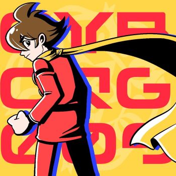  1boy acqua_fresca ahoge belt black_belt black_eyes brown_hair coat copyright_name cyborg cyborg_009 dynamic_pose hair_over_face looking_at_viewer military_uniform pants red_coat red_pants scarf shimamura_joe short_hair soldier spiked_hair yellow_scarf 