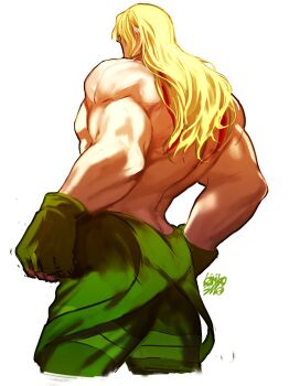  1boy alex_(street_fighter) ass back back_focus bandana bara blonde_hair cowboy_shot cropped_legs facing_away fingerless_gloves from_behind gloves green_gloves green_pants hair_down headband highres kiriko3110 long_hair male_focus muscular muscular_male overalls pants ponytail red_bandana red_headband solo street_fighter street_fighter_iii_(series) tattoo topless_male white_background 