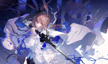  1girl absurdres amiya_(arknights) amiya_(guard)_(arknights) amiya_(guard)_(in_a_myriad_of_universes)_(arknights) animal_ears arknights black_hat black_skirt blue_background blue_eyes blue_flower brown_hair chinese_commentary commentary_request floating_clothes floating_hair flower hands_up hat highres holding holding_sword holding_weapon jewelry long_hair long_sleeves looking_at_viewer multiple_rings nonhaaa official_alternate_costume rabbit_ears rabbit_girl ring shirt skirt solo standing sword weapon white_shirt 