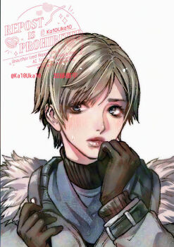  1girl black_gloves blonde_hair blue_eyes blue_scarf blush closed_mouth commentary fur_trim gloves hair_between_eyes hand_to_own_mouth katou_teppei lips resident_evil resident_evil_requiem scarf sherry_birkin short_hair solo sweatdrop twitter_username white_background 