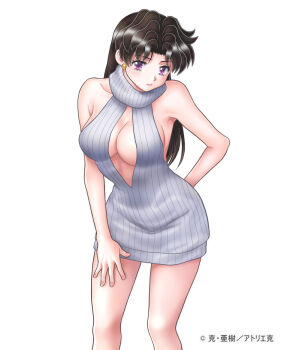  1girl backless_outfit bare_shoulders black_hair breasts cleavage dress earrings futari_ecchi grey_sweater hand_on_own_thigh jewelry katsu_aki large_breasts long_hair looking_at_viewer meme_attire onoda_yura purple_eyes ribbed_sweater simple_background solo sweater sweater_dress turtleneck turtleneck_sweater virgin_killer_sweater white_background 