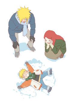  1girl 2boys blonde_hair blue_coat blue_eyes blue_pants blush brown_dress child closed_eyes coat commentary dress facial_mark father_and_son from_above full_body gloves green_jacket grey_gloves grey_pants grin hair_ornament hair_over_one_eye hairclip highres husband_and_wife jacket long_dress long_hair mother_and_son multiple_boys nagsu_(narksuhaza) namikaze_minato naruto_(series) orange_coat outdoors outstretched_arms pants red_hair short_hair smile snow snow_angel spiked_hair squatting swept_bangs teeth untranslatable_commentary uzumaki_kushina uzumaki_naruto whisker_markings winter_clothes 