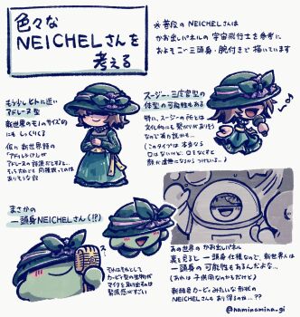  1girl blush_stickers brown_hair colored_skin commentary_request design_speculation green_hat green_skin hat highres holding holding_microphone kirby kirby_(series) kirby_and_the_forgotten_land microphone nanami_(13mimi) neichel_(kirby) nintendo open_mouth own_hands_together photo_stand-in rayman_limbs short_hair star-crossed_world translation_request twitter_username 