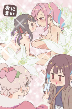  4girls ahoge bag black_hair black_shirt blood blue_hair blush bow brown_coat brown_eyes brown_hair coat commentary_request completely_nude copyright_name eye_contact flower fur-trimmed_poncho fur_trim hair_bow hair_bun highres himejoshi holding_tissue hozuki_kaede hozuki_momiji imagining index_finger_raised jibijibipen lily_(flower) long_hair looking_at_another multicolored_hair multiple_girls nose_blush nosebleed nude onii-chan_wa_oshimai! oyama_mahiro oyama_mihari perversion_of_canon pink_bow pink_eyes pink_hair pointing pointing_up poncho red_poncho shirt short_hair shoulder_bag siblings side_ponytail single_hair_bun sisters sparkle sweatdrop tissue tongue tongue_out two-tone_hair yuri yurie_mouth 