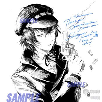  1girl artist_name buttons character_name coat collared_shirt commission dated finger_on_trigger greyscale gun hair_between_eyes hand_up handgun hat highres long_sleeves mihuashi_commission monochrome neck_ribbon newsboy_cap parted_lips persona persona_4 revolver ribbon sample_watermark shell_casing shirogane_naoto shirt short_hair smoke smoking_barrel solo thank_you upper_body watermark weapon weny white_background 