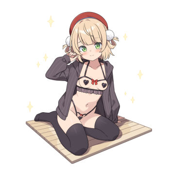  1girl arm_support beret black_thighhighs blush bow bow_bra bow_panties bra breastless_clothes breasts brown_hair closed_mouth collarbone commentary_request crotchless crotchless_panties frilled_bra frills full_body green_eyes grey_jacket hair_rings halterneck hand_up hat hatsunatsu heart_maebari heart_pasties hood hood_down hooded_jacket indie_virtual_youtuber jacket looking_at_viewer maebari navel open_clothes open_jacket panties pasties pinstripe_jacket pinstripe_pattern red_hat shigure_ui_(vtuber) simple_background sitting small_breasts smile solo sparkle thighhighs underwear virtual_youtuber white_background 