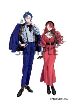  1boy 1girl animal animal_on_shoulder aqua_eyes arm_at_side belt belt_buckle beret black_belt black_boots black_bow black_bowtie black_gloves black_hair black_hat black_jacket black_shoes blue_eyes blue_hair blue_jacket blue_pants blue_suit boots bow bowtie bracelet brown_socks buckle closed_mouth collared_shirt colored_lapels copyright_notice cross-laced_shoes crossed_legs dress_shoes ear_piercing earrings elbow_gloves finger_to_mouth formal_clothes full_body glasses gloves hair_over_one_eye hand_on_own_chin hand_on_own_hip hat hobble_skirt jacket jacket_on_shoulders jewelry keiko_(um7mr1) lace lace-up_boots lace_gloves lain_paterson lapels leos_vincent long_hair long_skirt long_sleeves looking_at_viewer mameneko_(leos_vincent) multicolored_hair multiple_bracelets multiple_necklaces multiple_rings necklace nijisanji notched_lapels official_art pants patterned_clothing pearl_bracelet pearl_earrings pearl_necklace piercing puffy_sleeves red_hair red_lips red_shirt red_skirt ring sample_watermark shirt shoes short_hair side-by-side side_part simple_background skirt skirt_set smile socks standing straight-on streaked_hair suit suit_jacket suspenders swept_bangs three-quarter_sleeves two-sided_fabric two-sided_jacket underbust virtual_youtuber watermark watson_cross wavy_hair white_background wing_collar 