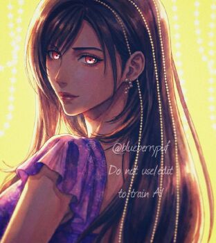  1girl alternate_costume beads black_hair closed_mouth commentary dress earrings english_commentary eyelashes final_fantasy final_fantasy_vii final_fantasy_vii_remake floral_print floral_print_dress frilled_dress frilled_sleeves frills from_behind golden_hour hair_beads hair_behind_ear hair_ornament highres jewelry lips long_hair looking_at_viewer looking_back monsterbf1ilove print_dress purple_dress red_eyes red_lips solo swept_bangs tifa_lockhart twitter_username upper_body yellow_background 