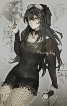  1girl \m/ arm_at_side bare_shoulders black_hat black_nails black_shirt black_shorts breasts bright_pupils butterfly_necklace chain_chomp choker chromatic_aberration closed_mouth commentary cowboy_shot double-parted_bangs english_commentary fishnet_pantyhose fishnets flashlight fur-trimmed_headwear fur_trim goggles goggles_on_head grey_background grey_eyes hair_between_eyes hair_ornament hand_up hat heterochromia highres holding holding_flashlight instagram_username jewelry lace-trimmed_choker lace_trim limmysky lips long_hair long_sleeves looking_at_viewer mario_(series) muted_color nail_polish necklace nintendo off-shoulder_shirt off_shoulder outline pale_skin pantyhose patterned_clothing player_character_(roblox) pout roblox shirt short_shorts shorts sidelocks simple_background small_breasts solo sparkle standing star_(symbol) star_hair_ornament torn_clothes torn_shorts ushanka v-shaped_eyebrows white_eyes white_outline white_pupils 