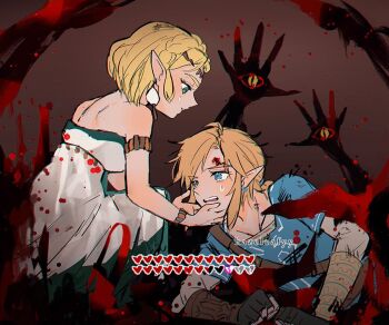  1boy 1girl armlet bare_shoulders black_gloves blonde_hair blood blood_on_face blue_eyes blue_tunic braid breasts clenched_hands crown_braid dress earrings fingerless_gloves furrowed_brow gloves green_eyes hair_tie hand_on_another's_chin hazeleafyy jewelry link long_dress low_ponytail medium_breasts nintendo open_mouth parted_bangs pointy_ears ponytail princess_zelda shirt short_hair sidelocks strapless strapless_dress teardrop_facial_mark the_legend_of_zelda the_legend_of_zelda:_tears_of_the_kingdom tunic vambraces white_dress white_shirt 