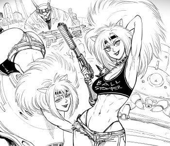  3girls absurdres appleseed arm_up armpits batou_(gits) bb_(baalbuddy) briareos_hecatonchires cyberpunk cyborg dominion_(manga) ghost_in_the_shell gun highres holding holding_gun holding_weapon kusanagi_motoko mecha multiple_girls navel non-humanoid_robot puma_sisters robot tachikoma weapon 