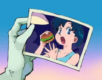  1girl bishoujo_senshi_sailor_moon bishoujo_senshi_sailor_moon_(first_season) blue_eyes blue_hair burger collarbone derivative_work dreaminerryday eating food gloves highres holding meme mizuno_ami open_mouth photo_(object) sailor_mercury_eating_a_burger_(meme) sailor_moon_redraw_challenge_(meme) short_hair sleeveless 