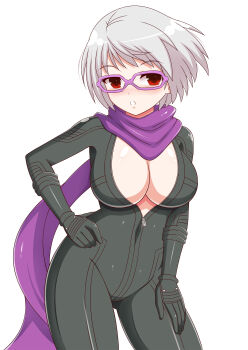  1girl :o absurdres biker_clothes bikesuit black_bodysuit black_gloves blush bob_cut bodysuit breasts cleavage commentary cowboy_shot english_commentary full-length_zipper glasses gloves gluteal_fold hand_on_own_hip hand_on_own_thigh helltzujih highres kisaragi_(senran_kagura) large_breasts long_scarf looking_at_viewer nose_blush open_mouth parted_lips purple-framed_eyewear purple_scarf red_eyes scarf senran_kagura senran_kagura_new_wave shiny_skin short_hair simple_background solo white_background white_hair zipper 