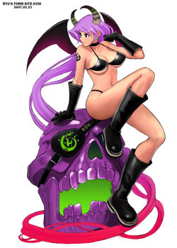  1girl bat_wings bikini black_bikini boots breasts demon_girl elbow_gloves eyepatch female_focus gloves horns large_breasts long_hair original purple_hair ryu_(ryu's_form_site) skull solo swimsuit very_long_hair wings  rating:Sensitive score:16 user:danbooru
