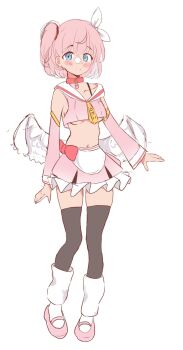 1girl angel angel_wings animal_collar blue_eyes blush breasts closed_mouth collar crop_top detached_sleeves feathered_wings full_body highres kohane_(linatai) leg_warmers linatai looking_at_viewer midriff mini_wings navel original pink_hair pink_wings sailor_collar shoes short_hair side_ponytail skirt solo standing thighhighs two_side_up underboob white_skirt white_wings wings