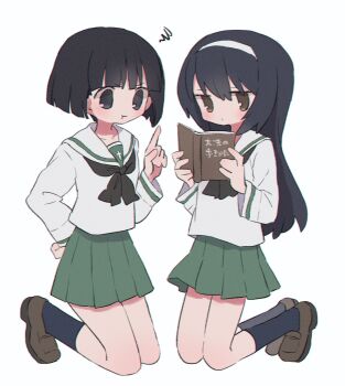  2girls black_hair black_neckerchief black_socks blunt_bangs book brown_shoes closed_mouth commentary_request girls_und_panzer green_skirt hair_between_eyes hairband highres holding holding_book index_finger_raised loafers long_hair looking_at_another multiple_girls neckerchief ooarai_school_uniform pleated_skirt pout reizei_mako ri_(qrcode) school_uniform shoes skirt socks sono_midoriko translation_request white_background white_hairband 