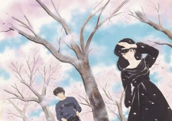  1boy 1girl arm_behind_back arm_up black_dress black_hair black_pants blue_sky brown_eyes cherry_blossoms cherry_tree dress funeral_dress godai_yuusaku grey_shirt hands_in_pockets highres long_hair long_skirt looking_at_viewer looking_to_the_side maison_ikkoku non-web_source official_art otonashi_kyouko pants print_shirt shirt short_hair skirt sky takahashi_rumiko tree 