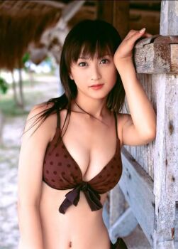  1girl asian bikini bikini_top_only bra breasts brown_hair cleavage female_focus japanese_(nationality) komatsu_ayaka lingerie long_hair looking_at_viewer navel outdoors photo_(medium) ribbon solo swimsuit underwear 