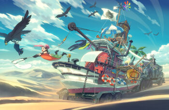  3girls :o binoculars bird black_bird black_boots black_cat blue_sky boat bodysuit boots butterfly_net cat chain chair chimney clothesline cloud commentary_request crane_(machine) crop_top day desert diving_suit drying drying_clothes fantasy flippers green_pants hammock hand_net high_ponytail highres lifeboat lifebuoy lounge_chair lying megaphone motor_vehicle multiple_girls on_stomach original outdoors palm_tree pants pink_hair ponytail poten rescue sand_dune scenery semi_truck sitting sky surfboard swim_ring tree truck water_tower watercraft wetsuit wind wind_chime windmill 