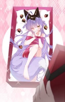  1girl absurdres argyle_background bare_shoulders barefoot between_legs blurry bound bound_wrists box chacha_(chacha0) chocolate-covered_food chocolate_on_hair chocolate_on_head chocolate_strawberry commentary_request cone_hair_bun depth_of_field double_bun food fox_girl fox_tail fruit full_body gift gift_box hair_bun highres in_box in_container korean_commentary long_hair looking_at_viewer lying multicolored_hair naked_ribbon on_back one_eye_closed open_box pink_background pov purple_hair red_ribbon ribbon ribbon_bondage sparkle stellive strawberry tail tail_between_legs tenko_shibuki two-tone_hair very_long_hair white_hair wrapped_up yellow_eyes 