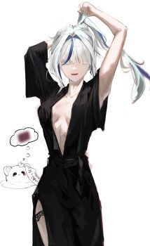  1girl aokumo_rin armpits arms_up black_dress blue_eyes breasts censored_thought cowboy_shot dress hashtag-only_commentary highres hwan_(user_cvmy2758) kurimi_(aokumo_rin) long_bangs long_hair looking_at_viewer medium_breasts melting multicolored_hair no_bra one_eye_covered open_clothes open_dress open_mouth ponytail side_slit simple_background solo standing stellive streaked_hair tying_hair virtual_youtuber white_background white_hair wispy_bangs 