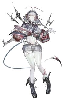  1girl absurdres antennae arknights black_shirt black_shorts boots chinese_commentary closed_mouth commentary_request crop_top cropped_jacket cropped_shirt demon_tail detached_wings full_body grey_eyes grey_hair highres horns jacket long_hair long_sleeves looking_at_viewer midriff navel off_shoulder open_clothes open_jacket pale_skin puffy_sleeves red_jacket shirt short_shorts shorts simple_background solo tail thigh_strap user_hsjk7882 w_(arknights) white_background wings wis'adel_(arknights) 
