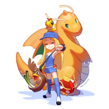 1girl 4others animal bag baseball_cap bird blonde_hair blue_shorts blunt_ends caterpie dragonite farfetch'd gen_1_pokemon green_eyes hat highres katherine_murray long_hair magikarp middle_part multiple_others nintendo poke_ball pokemon pokemon_(creature) salt salt_shaker short_shorts shorts shoulder_bag smile tank_top thighhighs