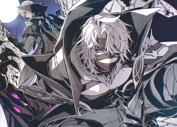  2boys bandage_over_one_eye bandaged_head bandages bandages_over_mouth cape clawed_gauntlets commentary_request dainsleif_(genshin_impact) full_moon genshin_impact gloves greyscale hair_over_one_eye male_focus monochrome moon multiple_boys one_eye_covered perodorio pink_eyes rerir_(genshin_impact) short_hair spot_color twitter_username 