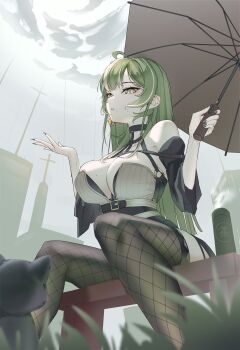 1girl :o absurdres ahoge animal bangko bare_shoulders belt breasts cat cloud cloudy_sky cross detached_sleeves fingernails fishnets from_below grass green_eyes green_hair grey_sky highres huge_breasts long_hair looking_at_viewer looking_down mole mole_on_breast mole_under_mouth sharp_fingernails sitting skirt sky suspenders thermos thighhighs umbrella wet worm's_eye_view