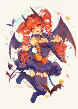  1girl absurdres ahoge bat_(animal) black_boots black_dress black_thighhighs boots breasts claw_pose cleavage demon_girl demon_horns demon_tail demon_wings dress drill_hair english_text full_body hair_between_eyes halloween happy_halloween highres horns impasto kasane_teto looking_at_viewer painterly red_eyes red_hair simple_background solo tachi-e tail thighhighs twin_drills utau white_background wings zoeeeeeeeeee 