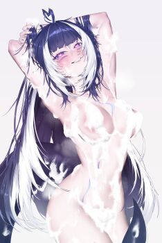  1girl absurdres ahoge black_hair blush body_markings breasts cetacean_tail commentary_request completely_nude convenient_censoring facial_mark fins fish_tail heart heart-shaped_pupils highres indie_virtual_youtuber long_hair multicolored_hair nude orca_girl pink_pupils purple_eyes shylily soap_bubbles soap_censor solo streaked_hair symbol-shaped_pupils tail vivi_co white_hair 