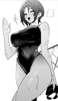  1girl absurdres blush breasts clash_kuro_neko commentary_request covered_navel highleg highres large_breasts looking_at_viewer navel one-piece_swimsuit open_mouth original school_swimsuit short_hair simple_background solo swimsuit white_background 