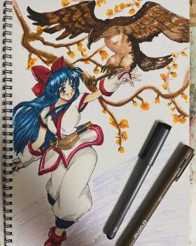 1girl ainu_clothes arm_up artist_name blue_eyes blue_hair breasts dated fingerless_gloves gloves hair_ribbon highres large_breasts legs long_hair nakoruru open_mouth pants ribbon samurai_spirits snk the_king_of_fighters thighs tongue traditional_media weapon