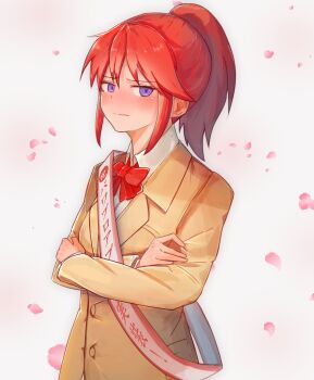  1girl amepa_(ame_pinecandy) blazer blush bow bowtie brown_hair brown_jacket closed_mouth commentary_request crossed_arms embarrassed high_ponytail highres jacket jikkyou_powerful_pro_yakyuu petals pink_petals ponytail power_pro_appli power_pro_kun_pocket power_pro_kun_pocket_10 purple_eyes red_bow red_bowtie school_uniform shinjou_shian shirt solo upper_body white_shirt 