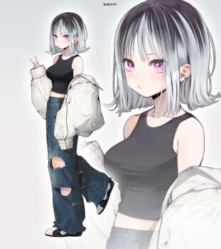  1girl bare_shoulders black_hair breasts denim ear_piercing full_body fuzuki_fuuro grey_hair highres jacket jeans medium_breasts multicolored_hair off_shoulder open_clothes open_jacket original pants piercing pink_eyes short_hair tank_top torn_clothes torn_jeans torn_pants two-tone_hair v zoom_layer 