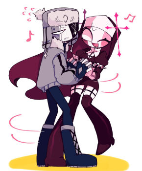  1boy 1girl ;d annoyed black_boots black_gloves black_pants blank_eyes blush boots breasts brown_boots brown_dress brown_veil collared_shirt colored_skin commentary_request cross_hat_ornament cxolzayti1bx36l dress eyepatch face-to-face fingerless_gloves flying_sweatdrops friday_night_funkin' frilled_sleeves frills full_body fur-trimmed_headwear fur-trimmed_jacket fur_trim garter_straps gloves grey_hat grey_jacket hands_up hat high_heel_boots high_heels holding_hands interlocked_fingers jacket jitome knee_boots lace-up_boots layered_sleeves long_sleeves looking_at_another looking_at_viewer looking_back lower_teeth_only medium_breasts musical_note nun nun_headdress one_eye_closed one_eye_covered open_mouth pants pencil_dress puffy_long_sleeves puffy_short_sleeves puffy_sleeves ruvyzvat_(friday_night_funkin') sarvente_(friday_night_funkin') shirt short_dress short_over_long_sleeves short_sleeves simple_background single_eyebrow sleeve_cuffs smile standing standing_on_one_leg sweatdrop tareme teeth thigh_boots thighhighs tongue ushanka v-shaped_eyebrows veil very_big_eyes white_background white_shirt white_skin zettai_ryouiki 