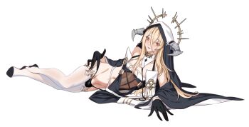  1boy azur_lane bare_shoulders black_gloves black_panties black_shoes black_veil blonde_hair breast_cutout breasts bulge cleavage covered_penis crossdressing crossdressing_(mtf) dress erection erection_under_clothes fake_horns genderswap genderswap_(ftm) gloves hair_between_eyes half_gloves high_heels highres horns implacable_(azur_lane) long_bangs long_hair long_hair_between_eyes lying nun on_side on_stomach p.maker panties pelvic_curtain red_eyes revealing_clothes sexually_suggestive shoes simple_background solo thighhighs thong trap two-tone_dress underwear veil very_long_hair white_horns white_thighhighs 