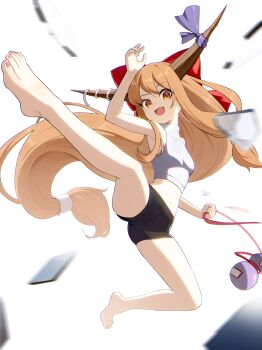  1girl absurdres alternate_costume bare_arms bare_legs bare_shoulders barefoot black_shorts bow breasts brown_horns clip_studio_paint_(medium) commentary crop_top debris english_commentary fang feet flying_kick full_body gourd hair_bow highres horns ibuki_suika kicking large_bow long_hair looking_at_viewer low-tied_long_hair midair midriff motion_blur oeyama oni open_mouth orange_hair red_bow red_eyes short_shorts shorts simple_background skin_fang sleeveless sleeveless_turtleneck small_breasts smile solo spread_legs toes touhou turtleneck very_long_hair white_background 