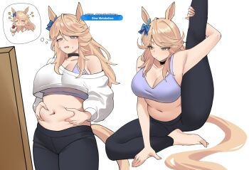  1girl absurdres animal_ears arm_up belly black_choker black_leggings blonde_hair blue_bow blue_eyes blush bow breasts choker cleavage commentary commission ear_bow english_commentary english_text exercising gold_city_(umamusume) highres horse_ears horse_girl horse_tail large_breasts leggings long_hair long_sleeves multiple_views navel off_shoulder open_mouth pinching_own_belly pinepin plump puffy_long_sleeves puffy_sleeves purple_sports_bra shirt simple_background single_bare_shoulder speech_bubble sports_bra stomach swept_bangs tail thought_bubble umamusume white_background white_shirt yellow_tail yoga 