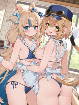  2girls ahoge animal_ear_fluff animal_ears apron ass bikini black_hair blonde_hair blue_background blue_bikini blue_eyes blue_hat breast_press breasts cat_ears commentary dooby english_commentary fins fish_tail green_eyes hat highres indie_virtual_youtuber indoors long_hair looking_at_viewer low_twintails maid_apron medium_breasts mixed-language_commentary multicolored_hair multiple_girls revision sameko_saba short_hair swimsuit symmetrical_docking tail thick_eyebrows twintails two-tone_hair virtual_youtuber waterring white_apron 