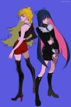  2girls aqua_eyes belt_pouch black_boots black_hair black_skirt blonde_hair blue_background blue_bow blunt_bangs boots bow earrings eyeshadow full_body hair_bow high_heels highres holding hong_3740 jewelry long_hair long_sleeves looking_at_viewer looking_back makeup mascara multiple_girls panty_&amp;_stocking_with_garterbelt panty_(psg) pink_hair pouch red_shorts shorts simple_background single_bare_shoulder skirt smile stocking_(psg) thigh_boots twitter_username 