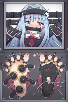  arms_up barefoot belt bit_gag black_belt black_pantyhose bound bound_toes cube_x_cursed_x_curious dashed_eyes drooling facing_viewer fear_kubrick feet frown gag gagged highres juzi_(orange8619) looking_at_object machinery motion_lines paintbrush pantyhose restrained saliva see-through_clothes see-through_legwear soles solo stationary_restraints tickling tickling_feet toes trembling 